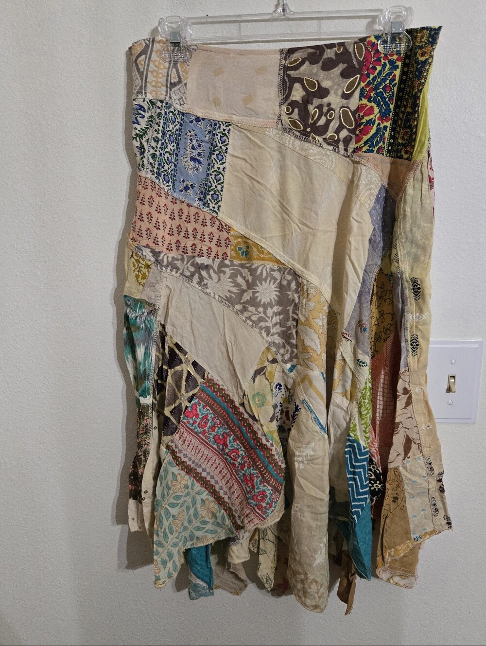 Asymmetrical Boho Patchwork Maxi Skirt - Cream Multi